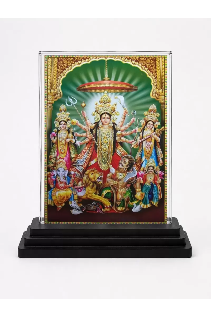 Goddess Durga Acrylic Car Dashboard Showpiece | Double-Sided Goddess Durga Photo Stand | 3 X 4 Inch Photo | Transparent Acrylic Frame With Black Base | Car Dashboard, Office & Table Decor (F71094)