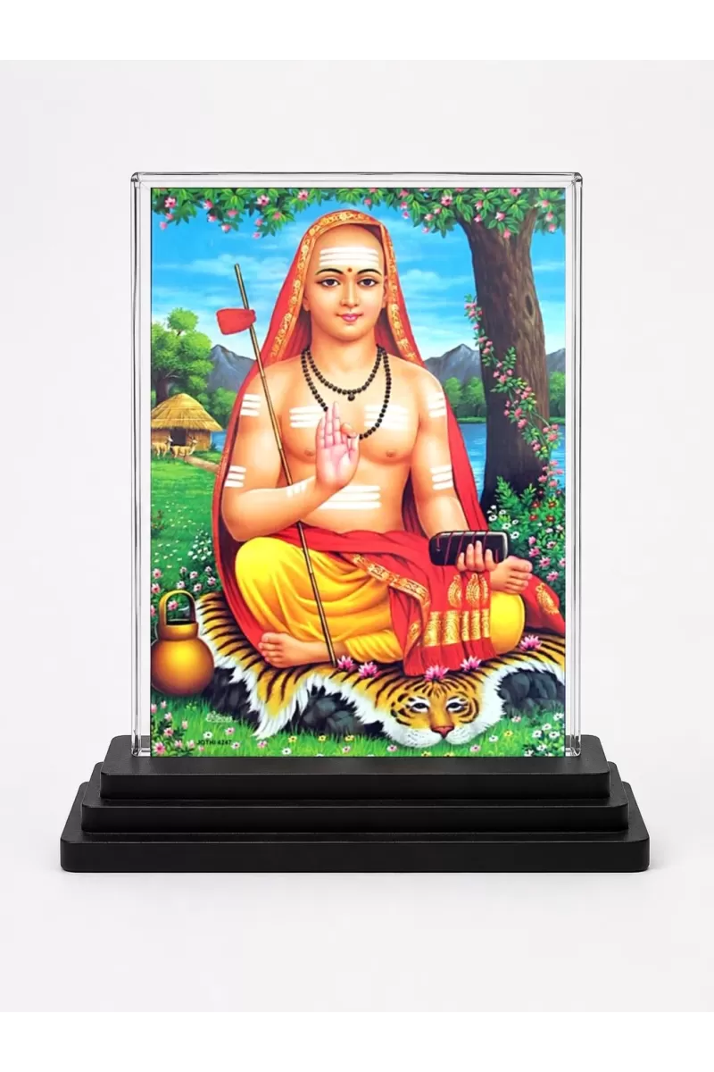 Adi Shankaracharya Acrylic Car Dashboard Showpiece | Double-Sided Adi Shankaracharya Photo Stand | 3 X 4 Inch Photo | Transparent Acrylic Frame With Black Base | Car Dashboard, Office & Table Decor (F71097)