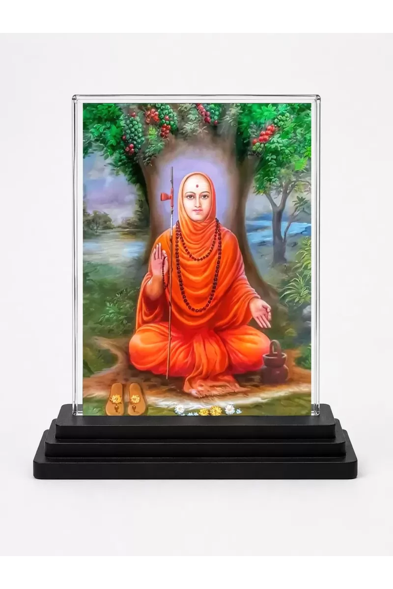 Adi Shankaracharya Acrylic Car Dashboard Showpiece | Double-Sided Adi Shankaracharya Photo Stand | 3 X 4 Inch Photo | Transparent Acrylic Frame With Black Base | Car Dashboard, Office & Table Decor (F71098)