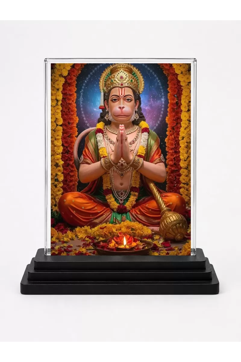 Hanuman Acrylic Car Dashboard Showpiece | Double-Sided Hanuman Photo Stand | 3 X 4 Inch Photo | Transparent Acrylic Frame With Black Base | Car Dashboard, Office & Table Decor (F71099)