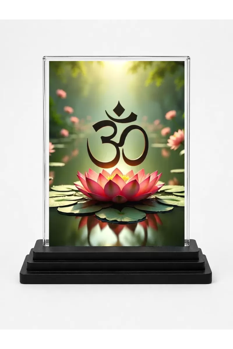 Om Acrylic Car Dashboard Showpiece | Double-Sided Om Photo Stand | 3 X 4 Inch Photo | Transparent Acrylic Frame With Black Base | Car Dashboard, Office & Table Decor (F71100)