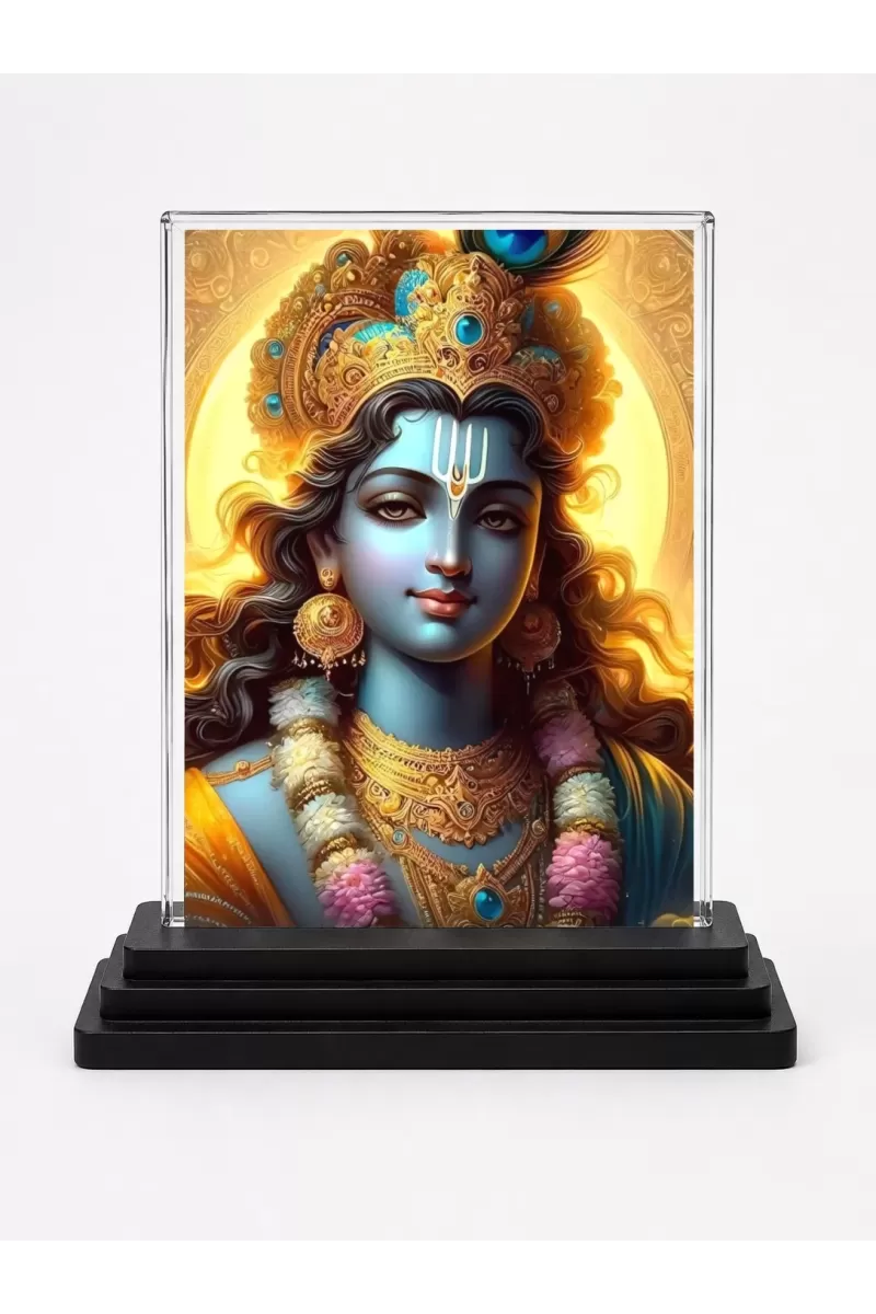 Krishna Acrylic Car Dashboard Showpiece | Double-Sided Krishna Photo Stand | 3 X 4 Inch Photo | Transparent Acrylic Frame With Black Base | Car Dashboard, Office & Table Decor (F71104)