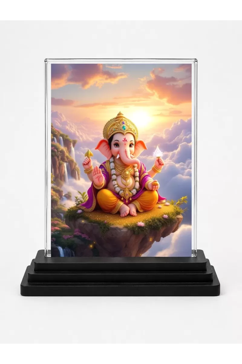 Ganesha Acrylic Car Dashboard Showpiece | Double-Sided Ganesha Photo Stand | 3 X 4 Inch Photo | Transparent Acrylic Frame With Black Base | Car Dashboard, Office & Table Decor (F71105)