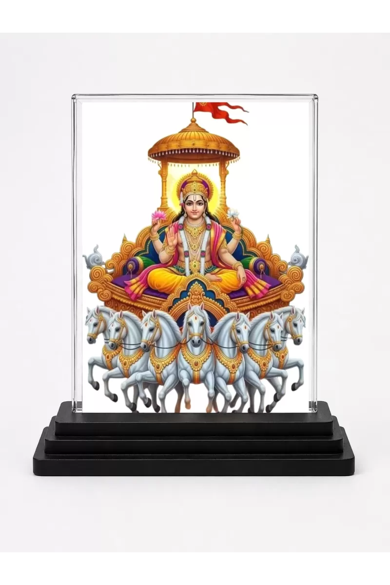 Lord Surya Acrylic Car Dashboard Showpiece | Double-Sided Lord Surya Photo Stand | 3 X 4 Inch Photo | Transparent Acrylic Frame With Black Base | Car Dashboard, Office & Table Decor (F71107)