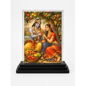 Shree Krishna And Shree Radha Acrylic Car Dashboard Showpiece | Double-Sided Shree Krishna And Shree Radha Photo Stand | 3 X 4 Inch Photo | Transparent Acrylic Frame With Black Base | Car Dashboard, Office & Table Decor (F71108)