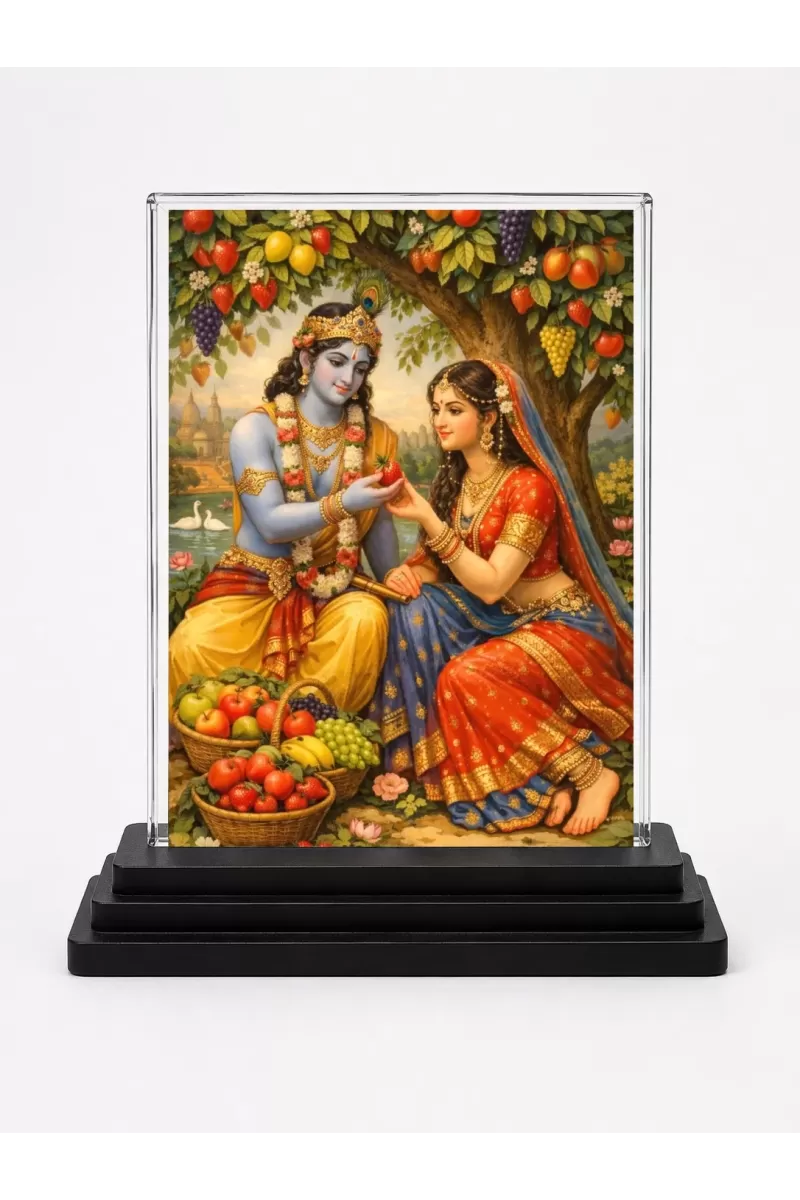 Shree Krishna And Shree Radha Acrylic Car Dashboard Showpiece | Double-Sided Shree Krishna And Shree Radha Photo Stand | 3 X 4 Inch Photo | Transparent Acrylic Frame With Black Base | Car Dashboard, Office & Table Decor (F71108)
