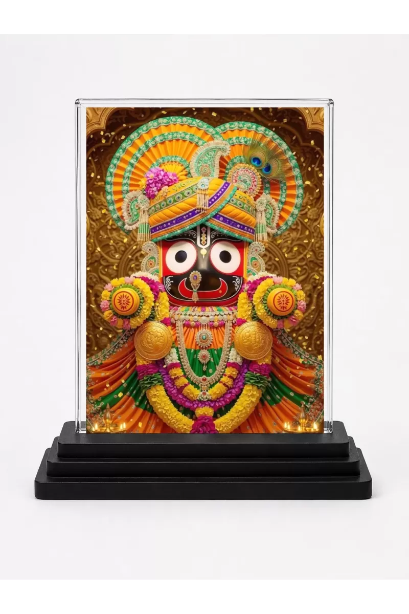 Shree Jagannath Acrylic Car Dashboard Showpiece | Double-Sided Shree Jagannath Photo Stand | 3 X 4 Inch Photo | Transparent Acrylic Frame With Black Base | Car Dashboard, Office & Table Decor (F71109)