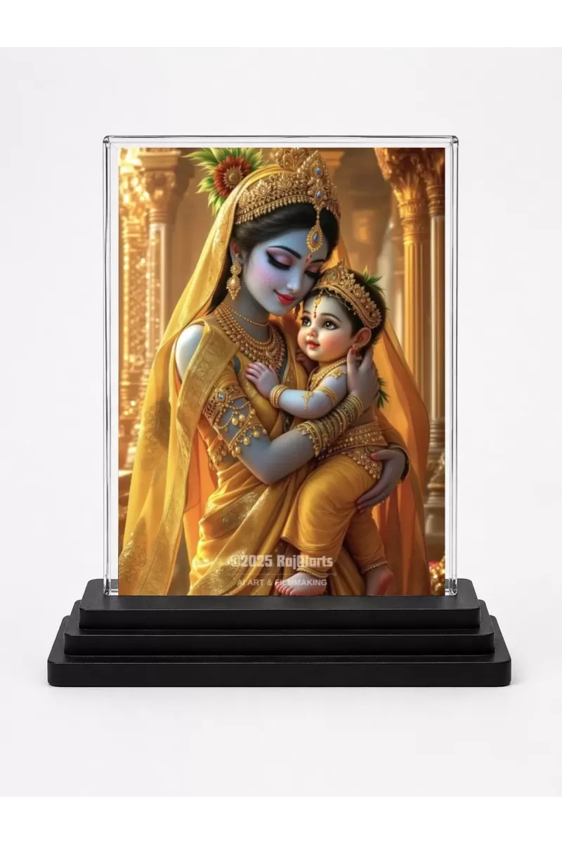 Yashoda And Krishna Acrylic Car Dashboard Showpiece | Double-Sided Yashoda And Krishna Photo Stand | 3 X 4 Inch Photo | Transparent Acrylic Frame With Black Base | Car Dashboard, Office & Table Decor (F71110)