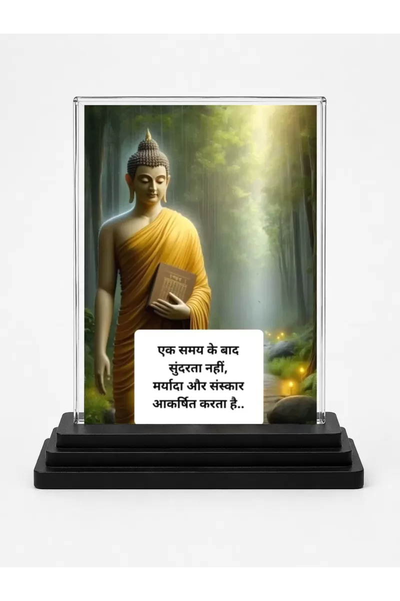 Gautama Buddha Acrylic Car Dashboard Showpiece | Double-Sided Gautama Buddha Photo Stand | 3 X 4 Inch Photo | Transparent Acrylic Frame With Black Base | Car Dashboard, Office & Table Decor (F71111)