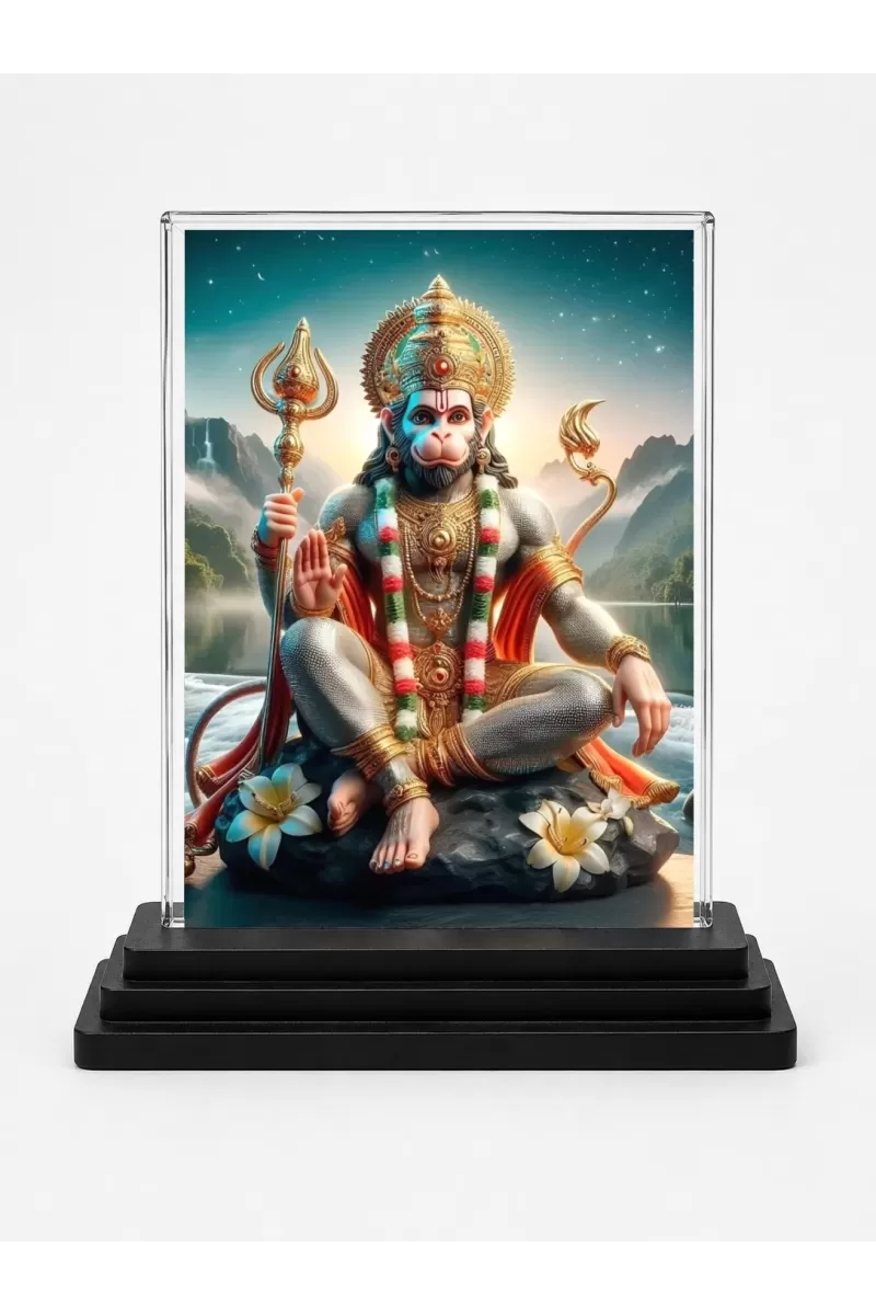 Hanuman Acrylic Car Dashboard Showpiece | Double-Sided Hanuman Photo Stand | 3 X 4 Inch Photo | Transparent Acrylic Frame With Black Base | Car Dashboard, Office & Table Decor (F71112)