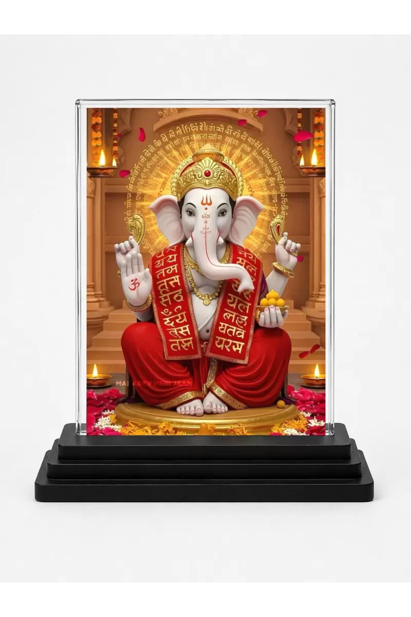 Lord Ganesha Acrylic Car Dashboard Showpiece | Double-Sided Lord Ganesha Photo Stand | 3 X 4 Inch Photo | Transparent Acrylic Frame With Black Base | Car Dashboard, Office & Table Decor (F71113)
