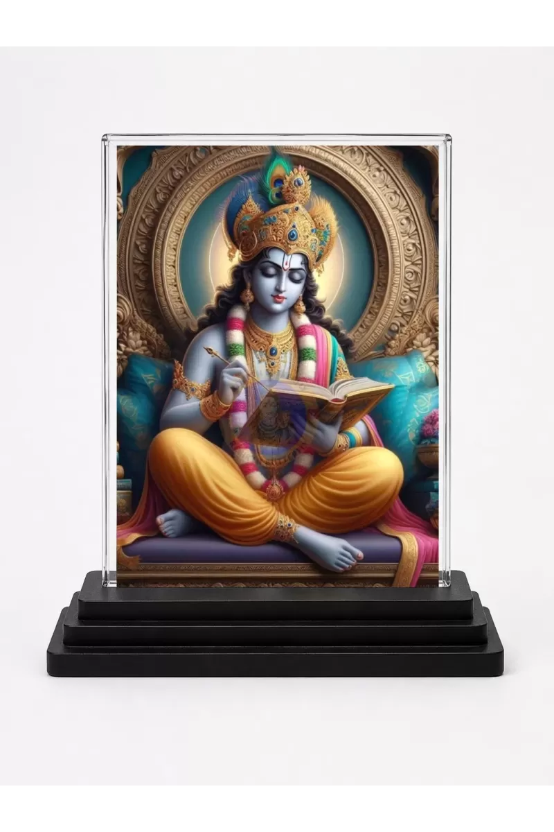 Shree Krishna Acrylic Car Dashboard Showpiece | Double-Sided Shree Krishna Photo Stand | 3 X 4 Inch Photo | Transparent Acrylic Frame With Black Base | Car Dashboard, Office & Table Decor (F71115)