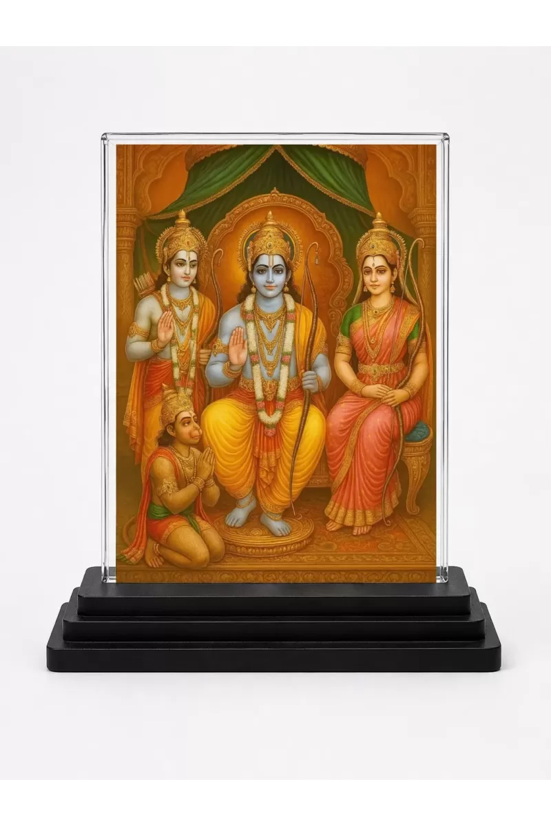 Lord Ram Darbar Acrylic Car Dashboard Showpiece | Double-Sided Lord Ram Darbar Photo Stand | 3 X 4 Inch Photo | Transparent Acrylic Frame With Black Base | Car Dashboard, Office & Table Decor (F71116)