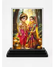 Radha Krishna Acrylic Car Dashboard Showpiece | Double-Sided Radha Krishna Photo Stand | 3 X 4 Inch Photo | Transparent Acrylic Frame With Black Base | Car Dashboard, Office & Table Decor (F71117)