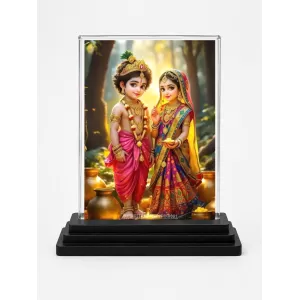 Radha Krishna Acrylic Car Dashboard Showpiece | Double-Sided Radha Krishna Photo Stand | 3 X 4 Inch Photo | Transparent Acrylic Frame With Black Base | Car Dashboard, Office & Table Decor (F71117)