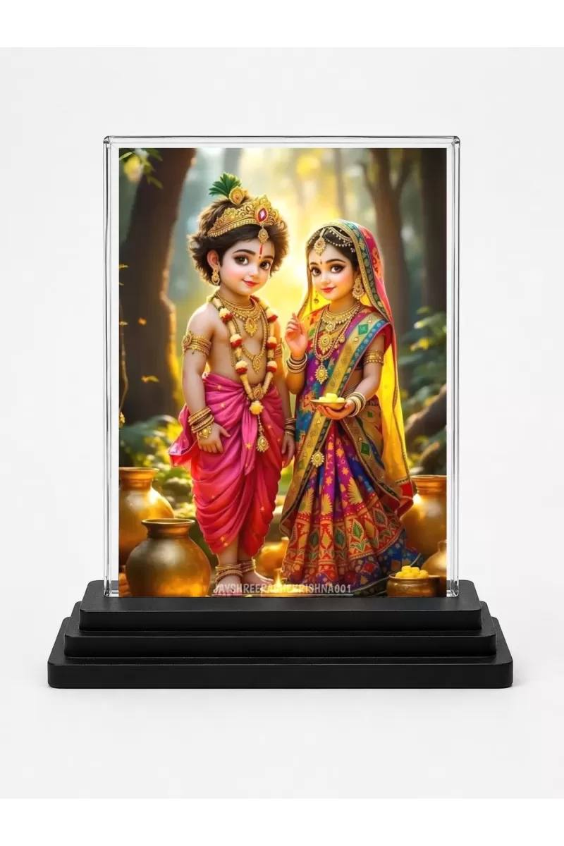 Radha Krishna Acrylic Car Dashboard Showpiece | Double-Sided Radha Krishna Photo Stand | 3 X 4 Inch Photo | Transparent Acrylic Frame With Black Base | Car Dashboard, Office & Table Decor (F71117)