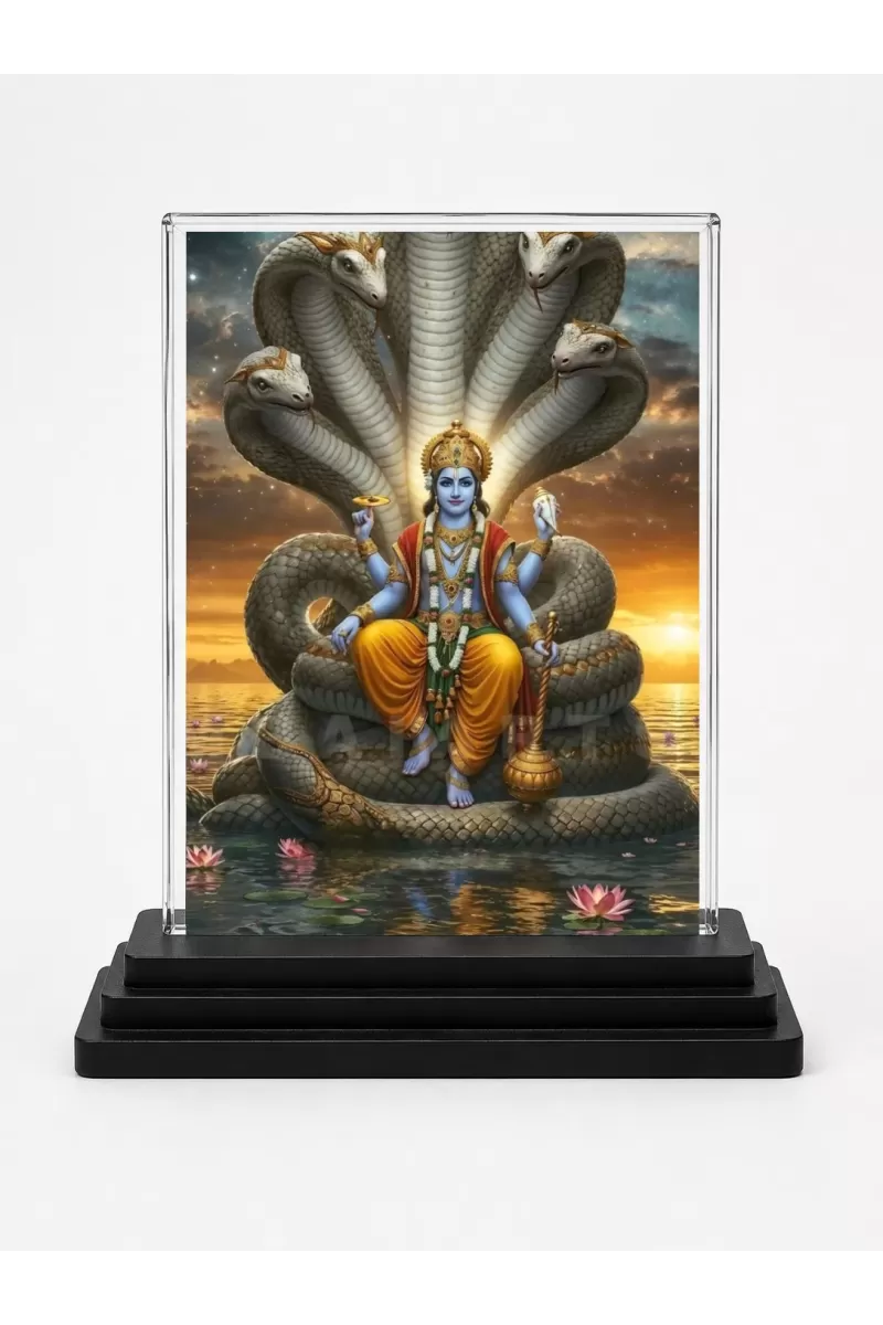 Vishnu Acrylic Car Dashboard Showpiece | Double-Sided Vishnu Photo Stand | 3 X 4 Inch Photo | Transparent Acrylic Frame With Black Base | Car Dashboard, Office & Table Decor (F71119)