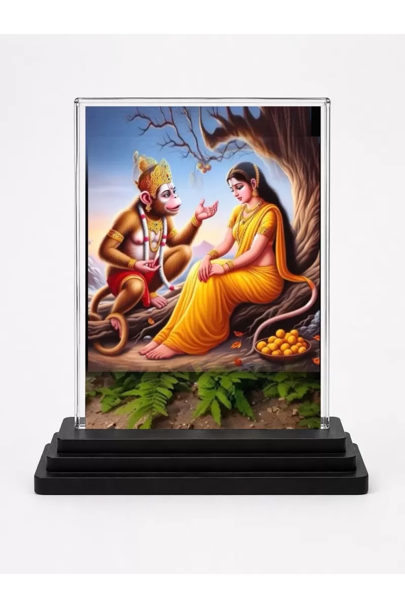Hanuman Acrylic Car Dashboard Showpiece | Double-Sided Hanuman Photo Stand | 3 X 4 Inch Photo | Transparent Acrylic Frame With Black Base | Car Dashboard, Office & Table Decor (F71120)