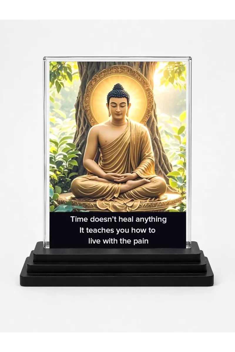 Gautama Buddha Acrylic Car Dashboard Showpiece | Double-Sided Gautama Buddha Photo Stand | 3 X 4 Inch Photo | Transparent Acrylic Frame With Black Base | Car Dashboard, Office & Table Decor (F71141)