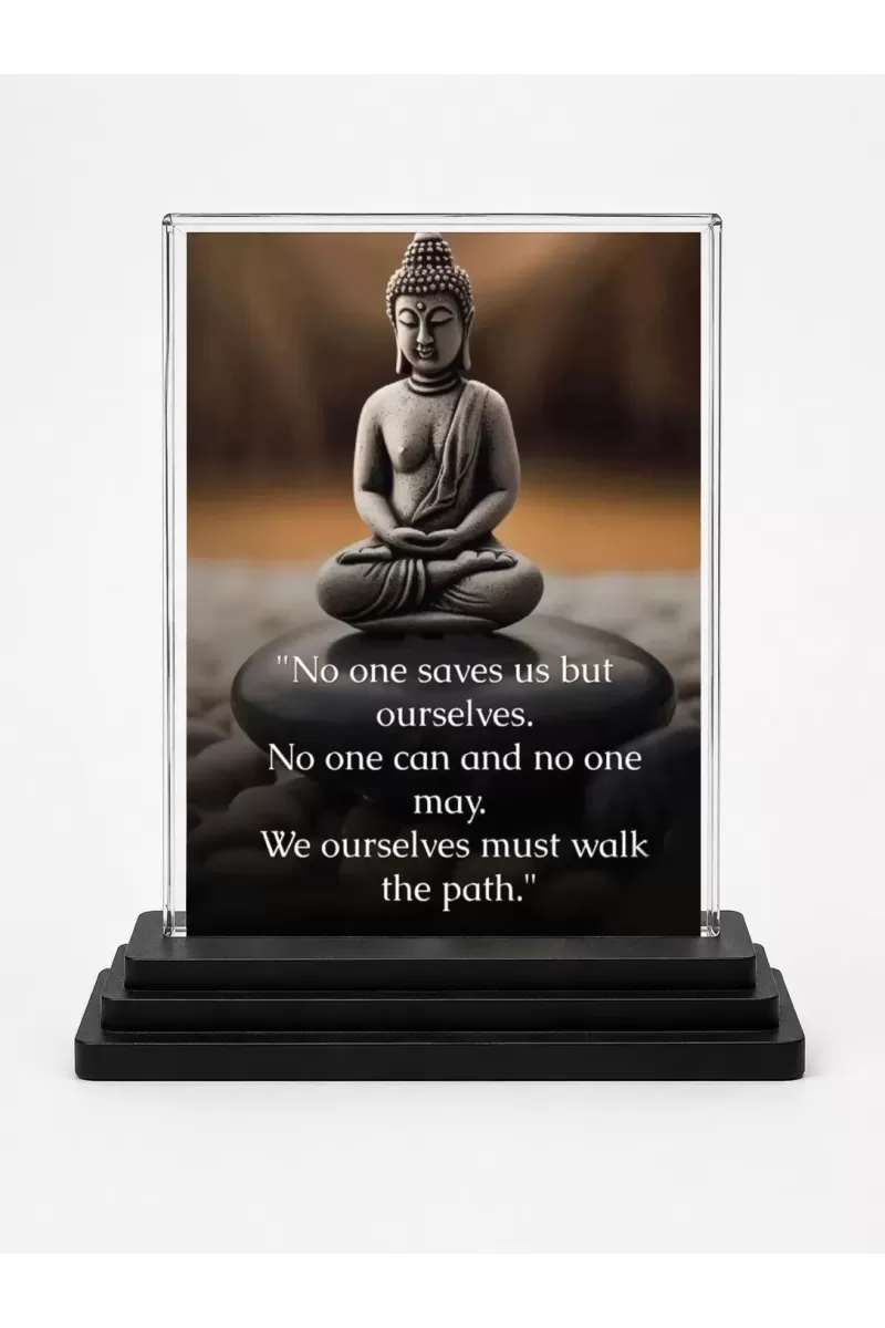 Gautama Buddha Acrylic Car Dashboard Showpiece | Double-Sided Gautama Buddha Photo Stand | 3 X 4 Inch Photo | Transparent Acrylic Frame With Black Base | Car Dashboard, Office & Table Decor (F71163)