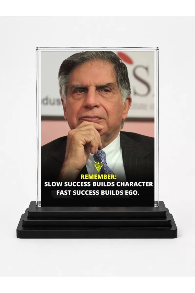 Shree Ratan Tata Acrylic Car Dashboard Showpiece | Double-Sided Shree Ratan Tata Photo Stand | 3 X 4 Inch Photo | Transparent Acrylic Frame With Black Base | Car Dashboard, Office & Table Decor (F71181)