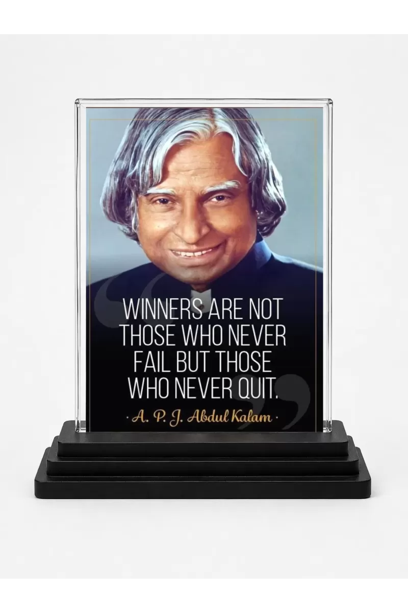 A. P. J. Abdul Kalam Acrylic Car Dashboard Showpiece | Double-Sided A. P. J. Abdul Kalam Photo Stand | 3 X 4 Inch Photo | Transparent Acrylic Frame With Black Base | Car Dashboard, Office & Table Decor (F71275)