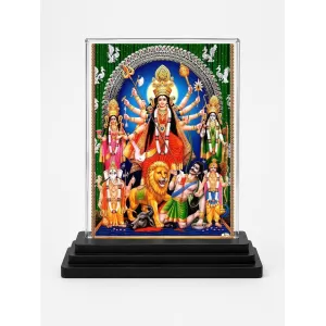 Goddess Durga Acrylic Car Dashboard Showpiece | Double-Sided Goddess Durga Photo Stand | 3 X 4 Inch Photo | Transparent Acrylic Frame With Black Base | Car Dashboard, Office & Table Decor (F71302)