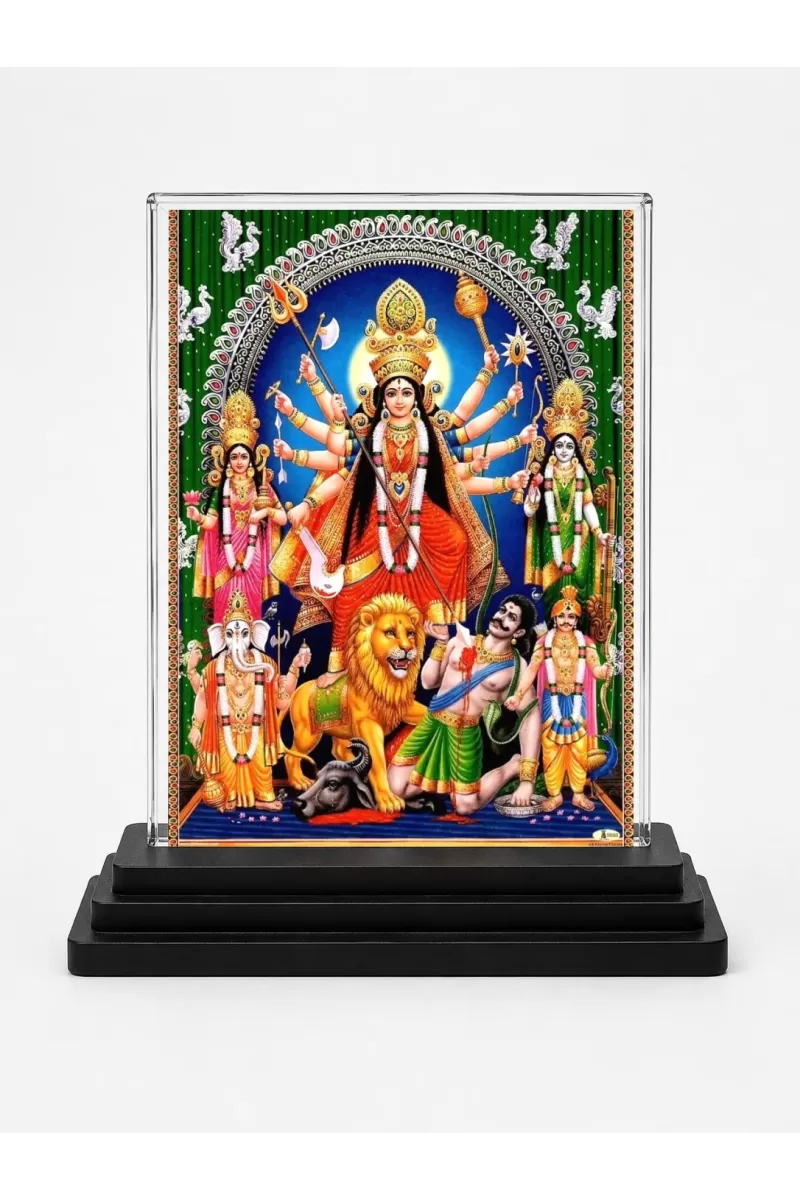 Goddess Durga Acrylic Car Dashboard Showpiece | Double-Sided Goddess Durga Photo Stand | 3 X 4 Inch Photo | Transparent Acrylic Frame With Black Base | Car Dashboard, Office & Table Decor (F71302)