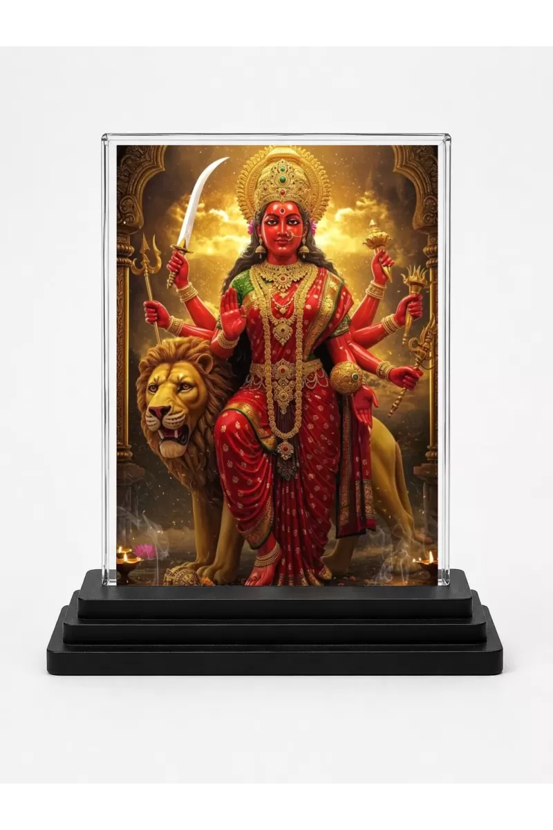 Durga Acrylic Car Dashboard Showpiece | Double-Sided Durga Photo Stand | 3 X 4 Inch Photo | Transparent Acrylic Frame With Black Base | Car Dashboard, Office & Table Decor (F71304)