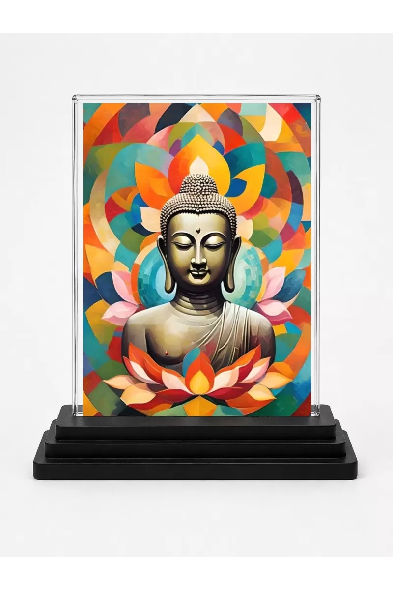 The Buddha Acrylic Car Dashboard Showpiece | Double-Sided The Buddha Photo Stand | 3 X 4 Inch Photo | Transparent Acrylic Frame With Black Base | Car Dashboard, Office & Table Decor (F71306)