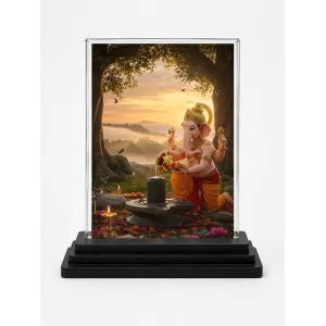 Ganesha Acrylic Car Dashboard Showpiece | Double-Sided Ganesha Photo Stand | 3 X 4 Inch Photo | Transparent Acrylic Frame With Black Base | Car Dashboard, Office & Table Decor (F71308)
