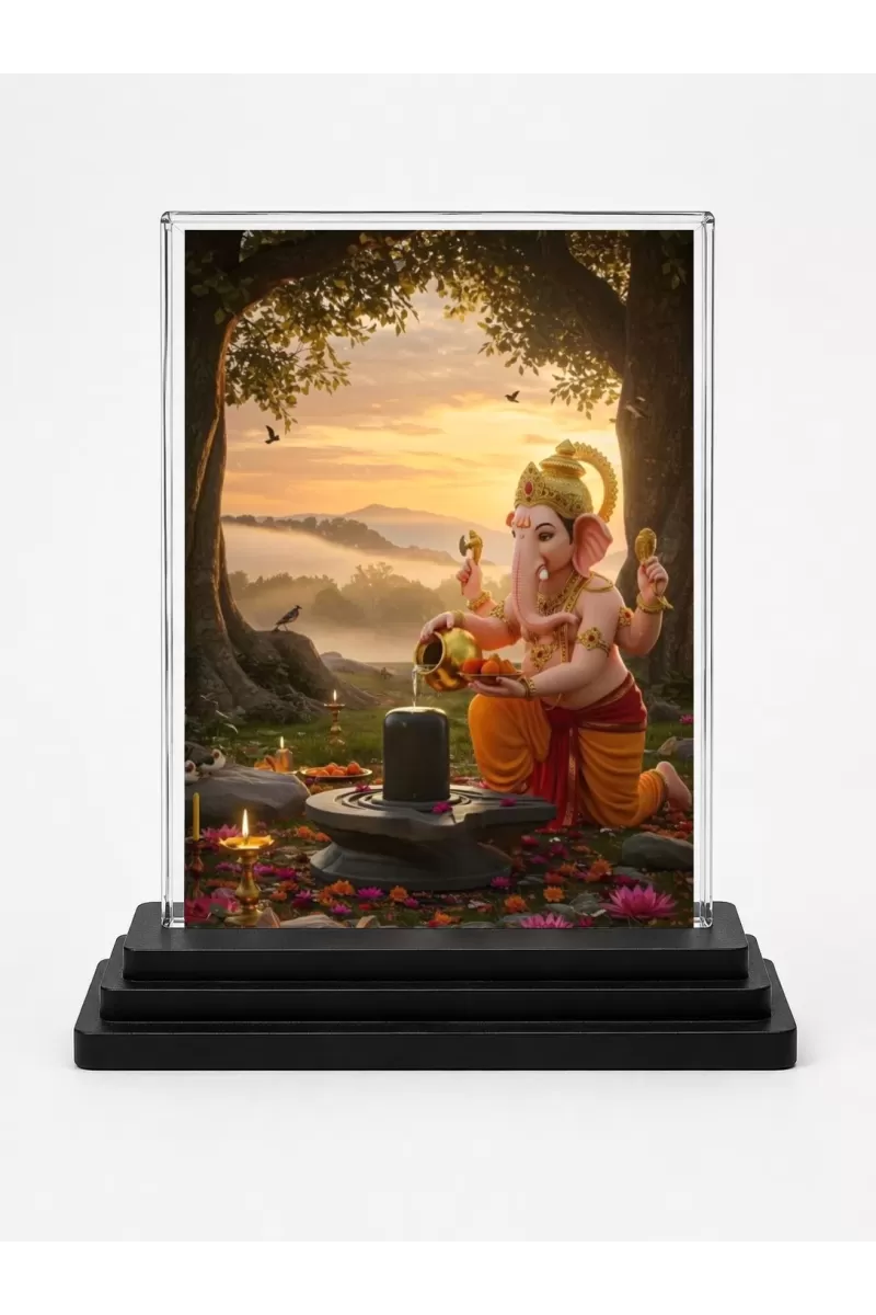 Ganesha Acrylic Car Dashboard Showpiece | Double-Sided Ganesha Photo Stand | 3 X 4 Inch Photo | Transparent Acrylic Frame With Black Base | Car Dashboard, Office & Table Decor (F71308)