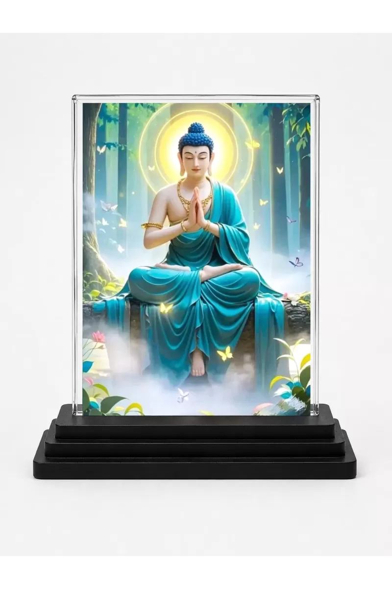Gautama Buddha Acrylic Car Dashboard Showpiece | Double-Sided Gautama Buddha Photo Stand | 3 X 4 Inch Photo | Transparent Acrylic Frame With Black Base | Car Dashboard, Office & Table Decor (F71309)