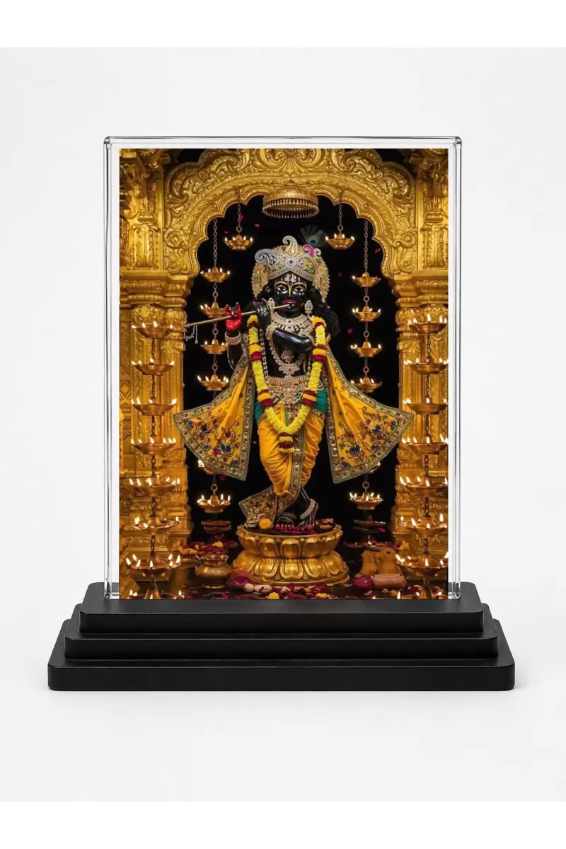 Krishna Acrylic Car Dashboard Showpiece | Double-Sided Krishna Photo Stand | 3 X 4 Inch Photo | Transparent Acrylic Frame With Black Base | Car Dashboard, Office & Table Decor (F71310)