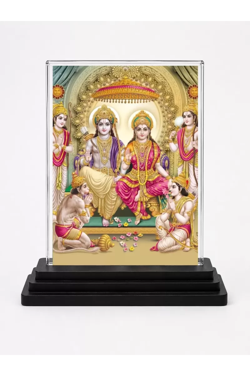 Lord Ram Darbar Acrylic Car Dashboard Showpiece | Double-Sided Lord Ram Darbar Photo Stand | 3 X 4 Inch Photo | Transparent Acrylic Frame With Black Base | Car Dashboard, Office & Table Decor (F71312)