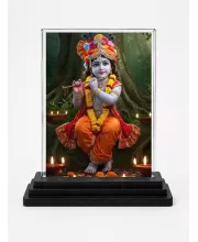 Krishna Acrylic Car Dashboard Showpiece | Double-Sided Krishna Photo Stand | 3 X 4 Inch Photo | Transparent Acrylic Frame With Black Base | Car Dashboard, Office & Table Decor (F71313)