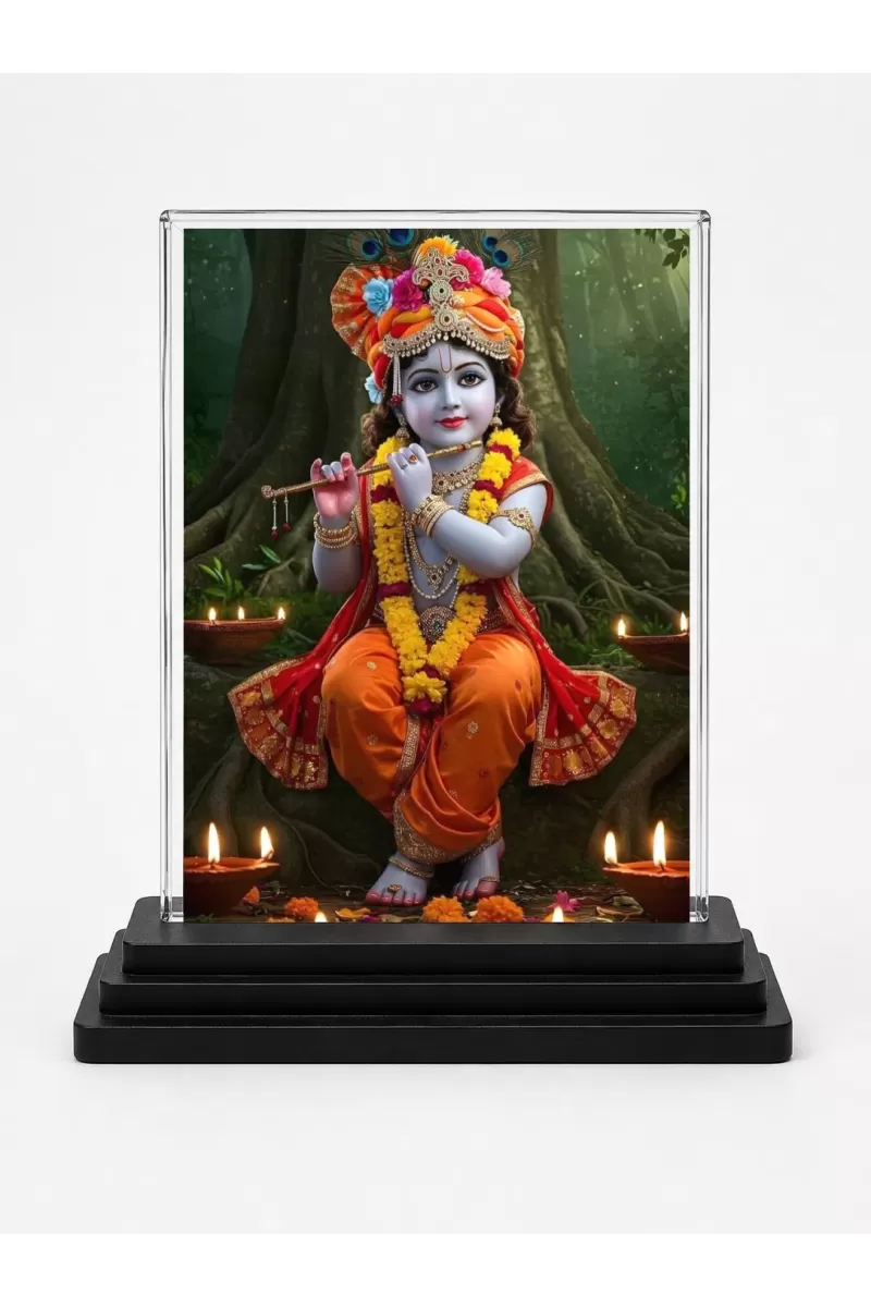 Krishna Acrylic Car Dashboard Showpiece | Double-Sided Krishna Photo Stand | 3 X 4 Inch Photo | Transparent Acrylic Frame With Black Base | Car Dashboard, Office & Table Decor (F71313)