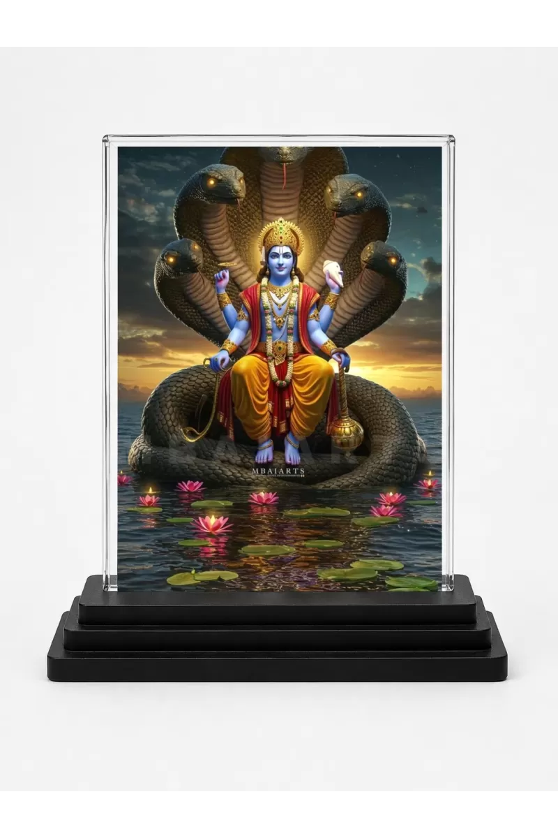 Vishnu Acrylic Car Dashboard Showpiece | Double-Sided Vishnu Photo Stand | 3 X 4 Inch Photo | Transparent Acrylic Frame With Black Base | Car Dashboard, Office & Table Decor (F71315)