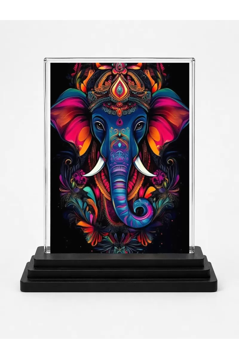 Ganesha Acrylic Car Dashboard Showpiece | Double-Sided Ganesha Photo Stand | 3 X 4 Inch Photo | Transparent Acrylic Frame With Black Base | Car Dashboard, Office & Table Decor (F71317)