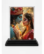 Radha Krishna Acrylic Car Dashboard Showpiece | Double-Sided Radha Krishna Photo Stand | 3 X 4 Inch Photo | Transparent Acrylic Frame With Black Base | Car Dashboard, Office & Table Decor (F71318)