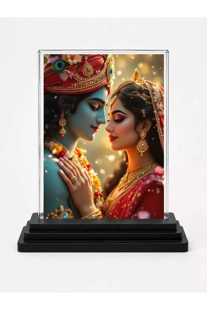 Radha Krishna Acrylic Car Dashboard Showpiece | Double-Sided Radha Krishna Photo Stand | 3 X 4 Inch Photo | Transparent Acrylic Frame With Black Base | Car Dashboard, Office & Table Decor (F71318)