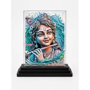 Shree Krishna Acrylic Car Dashboard Showpiece | Double-Sided Shree Krishna Photo Stand | 3 X 4 Inch Photo | Transparent Acrylic Frame With Black Base | Car Dashboard, Office & Table Decor (F71319)