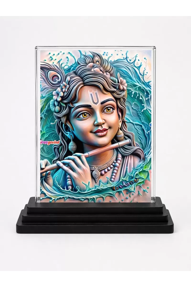 Shree Krishna Acrylic Car Dashboard Showpiece | Double-Sided Shree Krishna Photo Stand | 3 X 4 Inch Photo | Transparent Acrylic Frame With Black Base | Car Dashboard, Office & Table Decor (F71319)