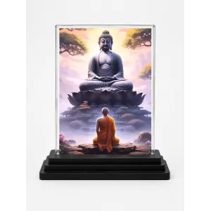 Gautama Buddha Acrylic Car Dashboard Showpiece | Double-Sided Gautama Buddha Photo Stand | 3 X 4 Inch Photo | Transparent Acrylic Frame With Black Base | Car Dashboard, Office & Table Decor (F71322)