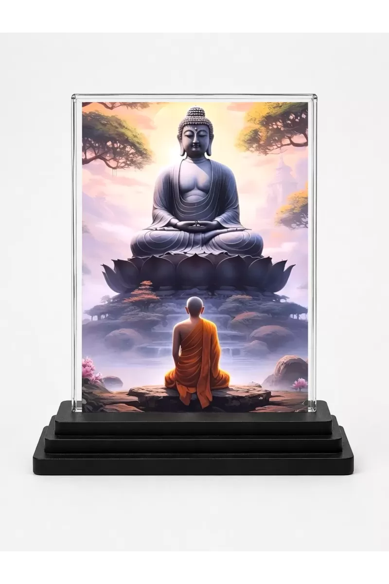 Gautama Buddha Acrylic Car Dashboard Showpiece | Double-Sided Gautama Buddha Photo Stand | 3 X 4 Inch Photo | Transparent Acrylic Frame With Black Base | Car Dashboard, Office & Table Decor (F71322)