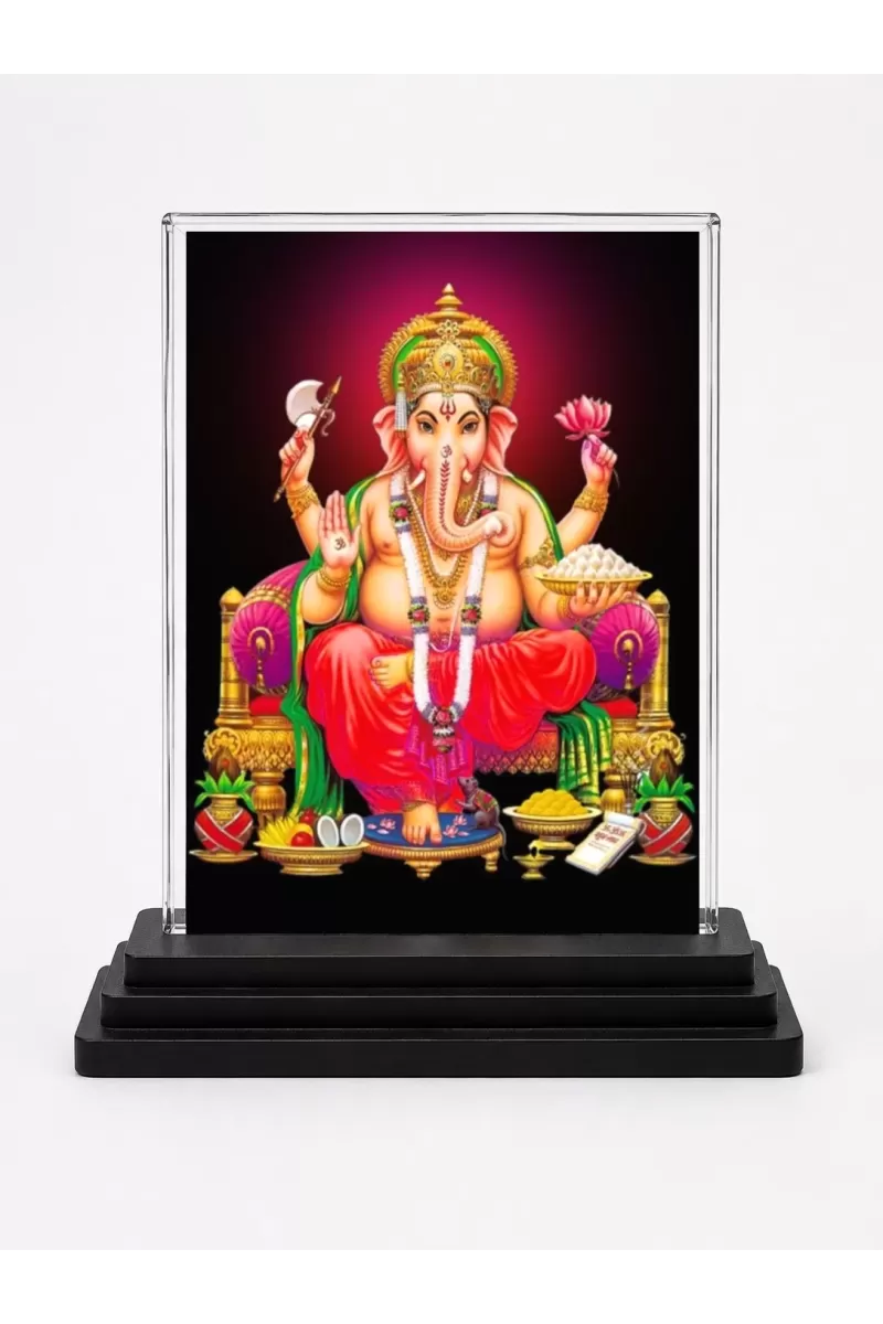 Ganesha Acrylic Car Dashboard Showpiece | Double-Sided Ganesha Photo Stand | 3 X 4 Inch Photo | Transparent Acrylic Frame With Black Base | Car Dashboard, Office & Table Decor (F71323)