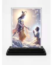 Lord Shree Krishna Acrylic Car Dashboard Showpiece | Double-Sided Lord Shree Krishna Photo Stand | 3 X 4 Inch Photo | Transparent Acrylic Frame With Black Base | Car Dashboard, Office & Table Decor (F71324)