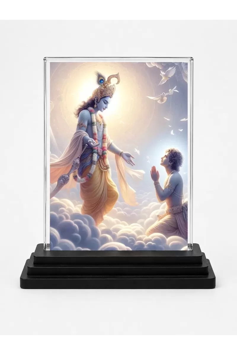 Lord Shree Krishna Acrylic Car Dashboard Showpiece | Double-Sided Lord Shree Krishna Photo Stand | 3 X 4 Inch Photo | Transparent Acrylic Frame With Black Base | Car Dashboard, Office & Table Decor (F71324)