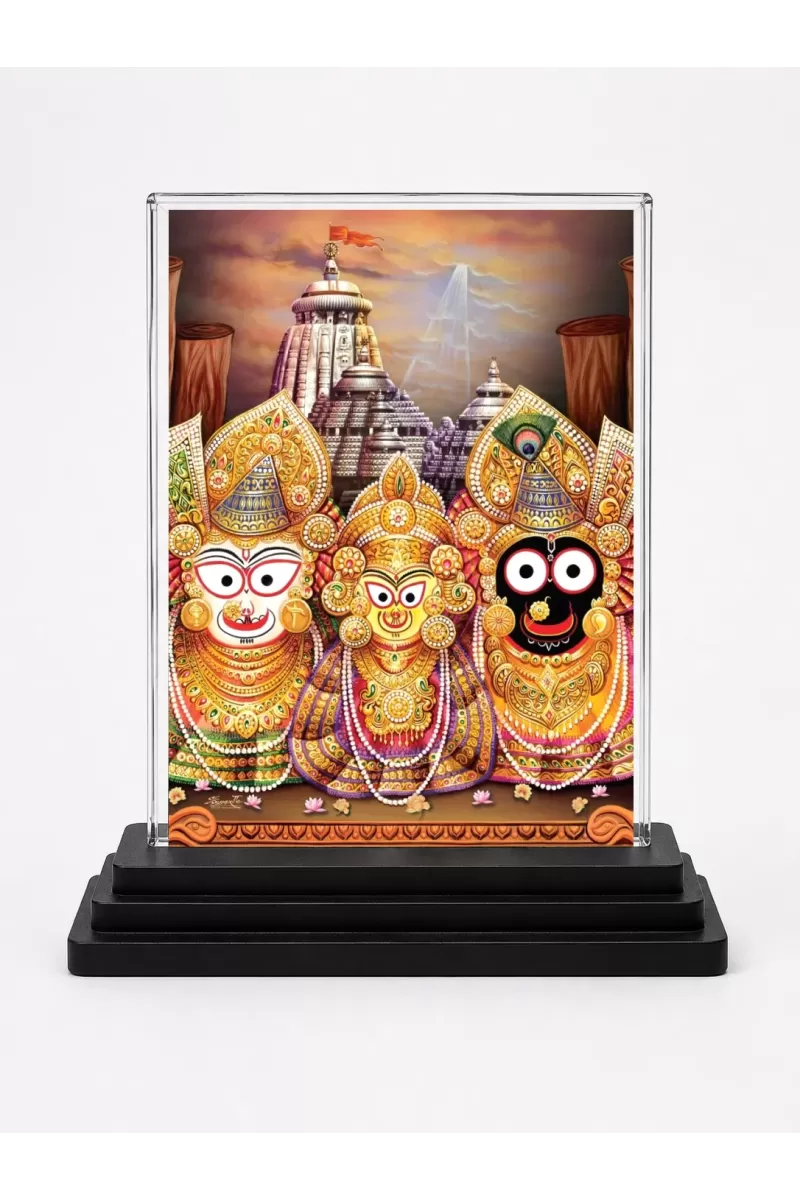 Lord Jagannath Acrylic Car Dashboard Showpiece | Double-Sided Lord Jagannath Photo Stand | 3 X 4 Inch Photo | Transparent Acrylic Frame With Black Base | Car Dashboard, Office & Table Decor (F71325)