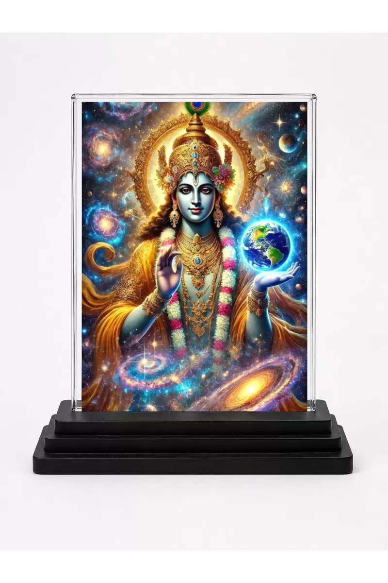 Krishna Acrylic Car Dashboard Showpiece | Double-Sided Krishna Photo Stand | 3 X 4 Inch Photo | Transparent Acrylic Frame With Black Base | Car Dashboard, Office & Table Decor (F71326)